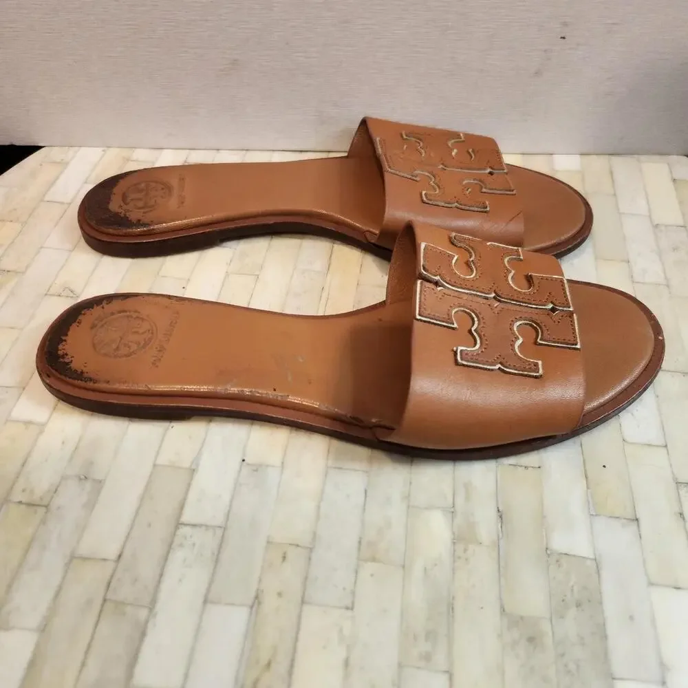 Tory Burch Double T Leather Medallion Slide Sandals